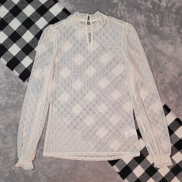 S | RW&CO. | Sheer Lace Ruffle Cuff Blouse - Picture 1 of 5